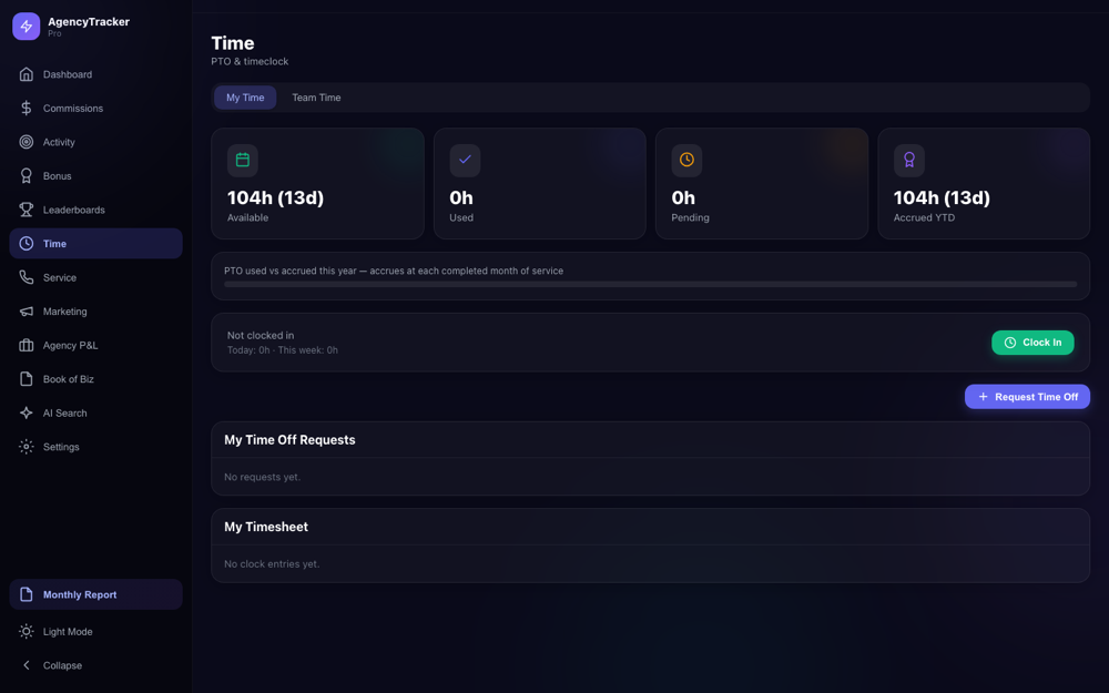 Time — clock in/out and PTO with approvals