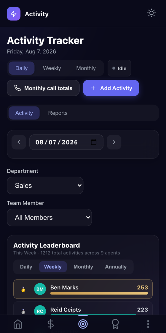 Activity tracker on the phone — one-tap logging and the weekly leaderboard