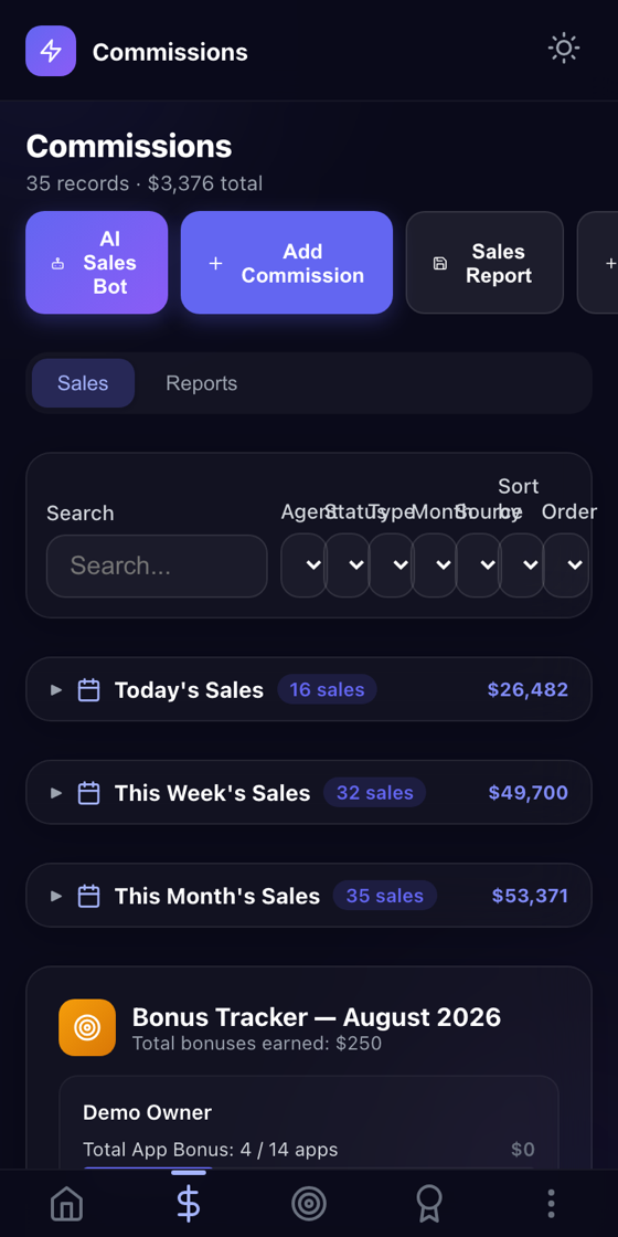 Commissions on the phone — AI Sales Bot, today's sales and bonus tracker