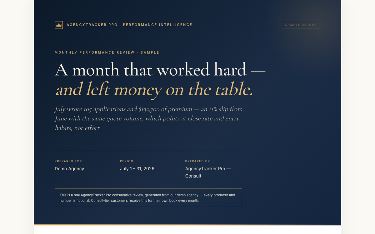 Sample monthly performance review — navy and gold consulting-style report cover